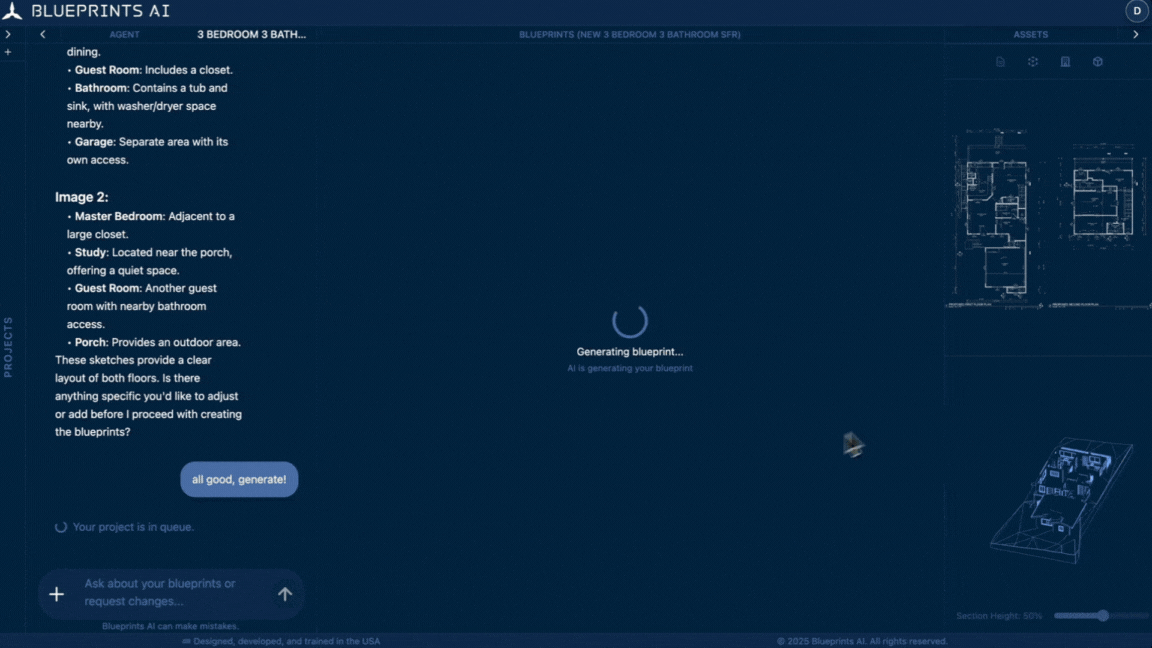 Blueprints AI Interface: Generating 2D, 3D, and blueprint assets.