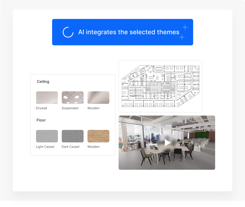 AI applies selected finishes to plans and 3D views.