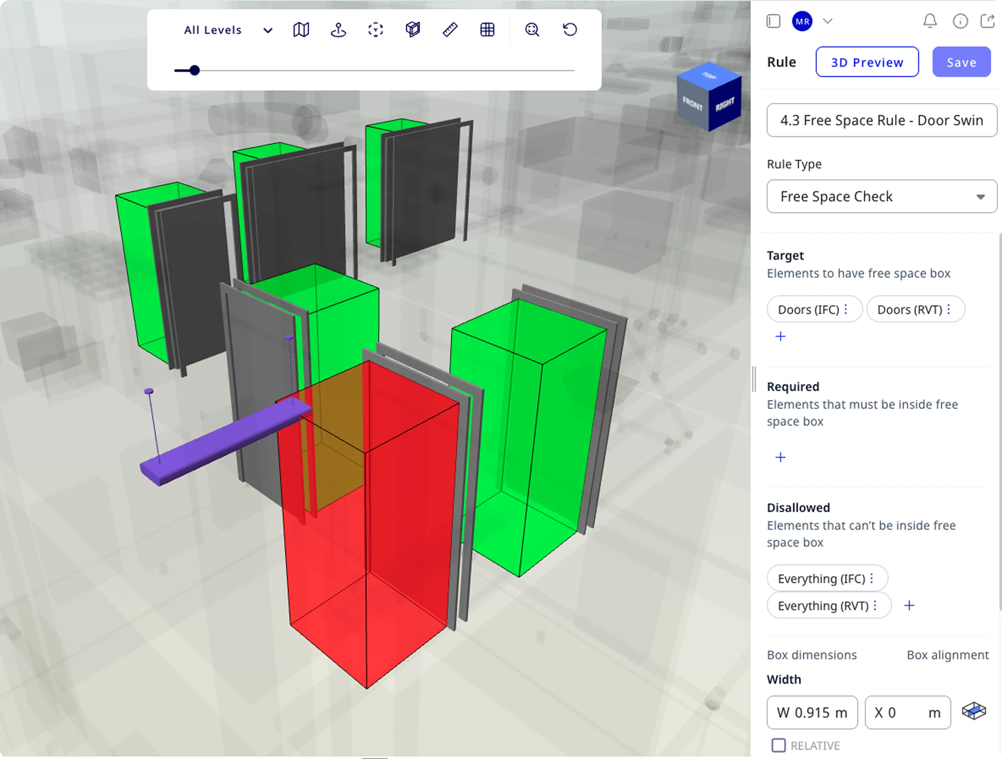 Solibri interface showing BIM model checks and results used across design and construction, suitable for coordination and compliance workflows.