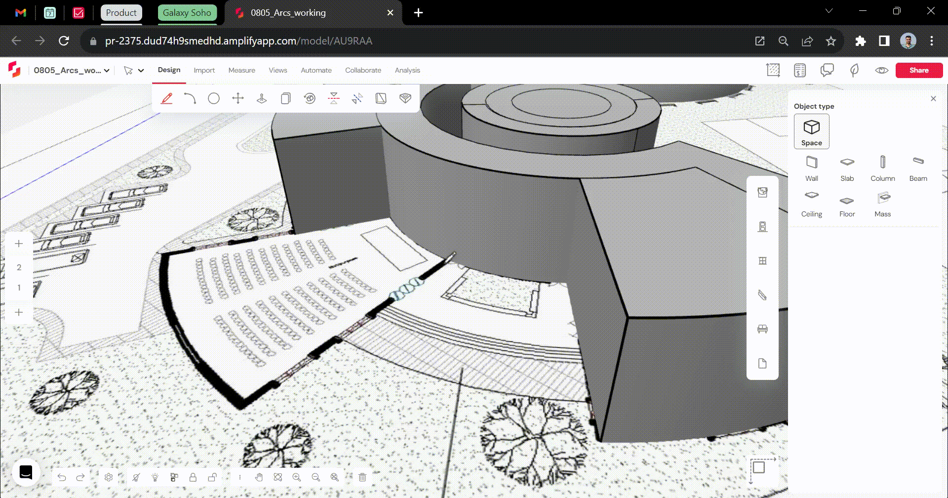 Drawing and editing curves in the 3D view with Snaptrude's smart guides and snaps